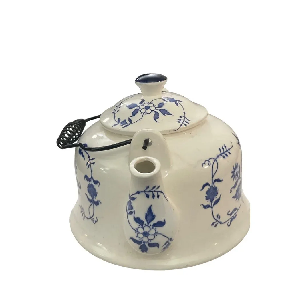 Vintage Blue and White Teapot with‎  Spiral Metal Handle